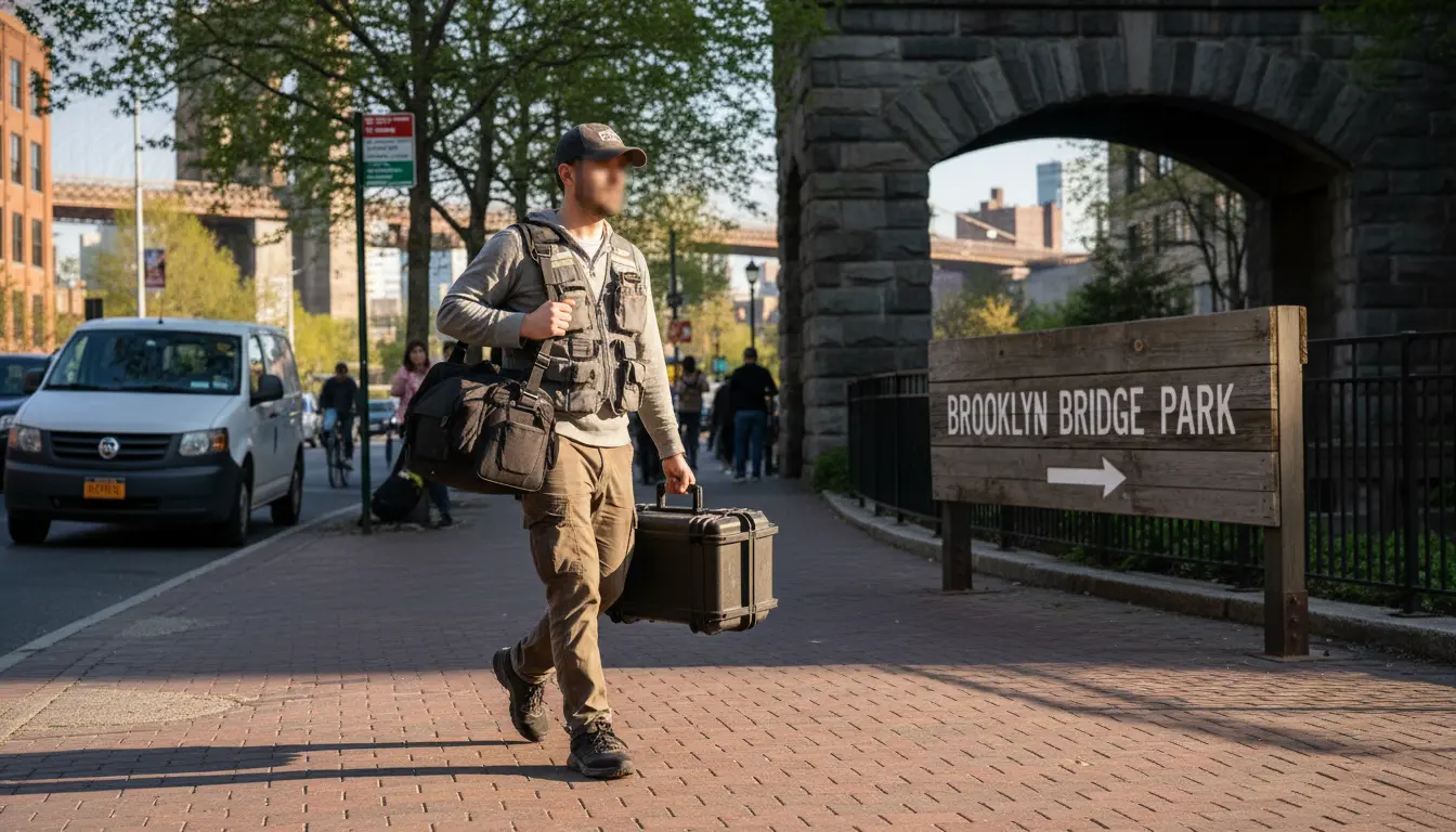aerial wedding photography Brooklyn operator carrying drone case at Brooklyn Bridge Park entrance