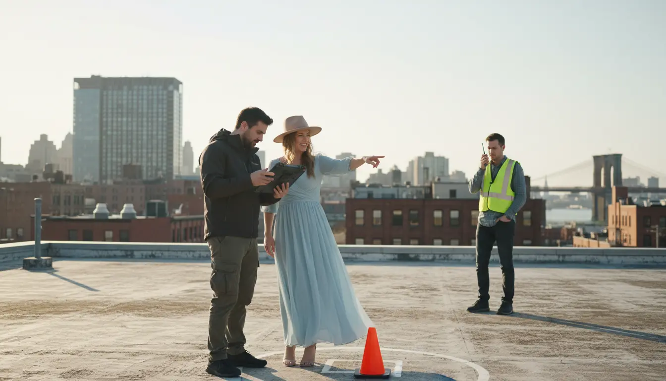 aerial wedding photography Brooklyn pilot and planner reviewing pre-flight checklist on rooftop