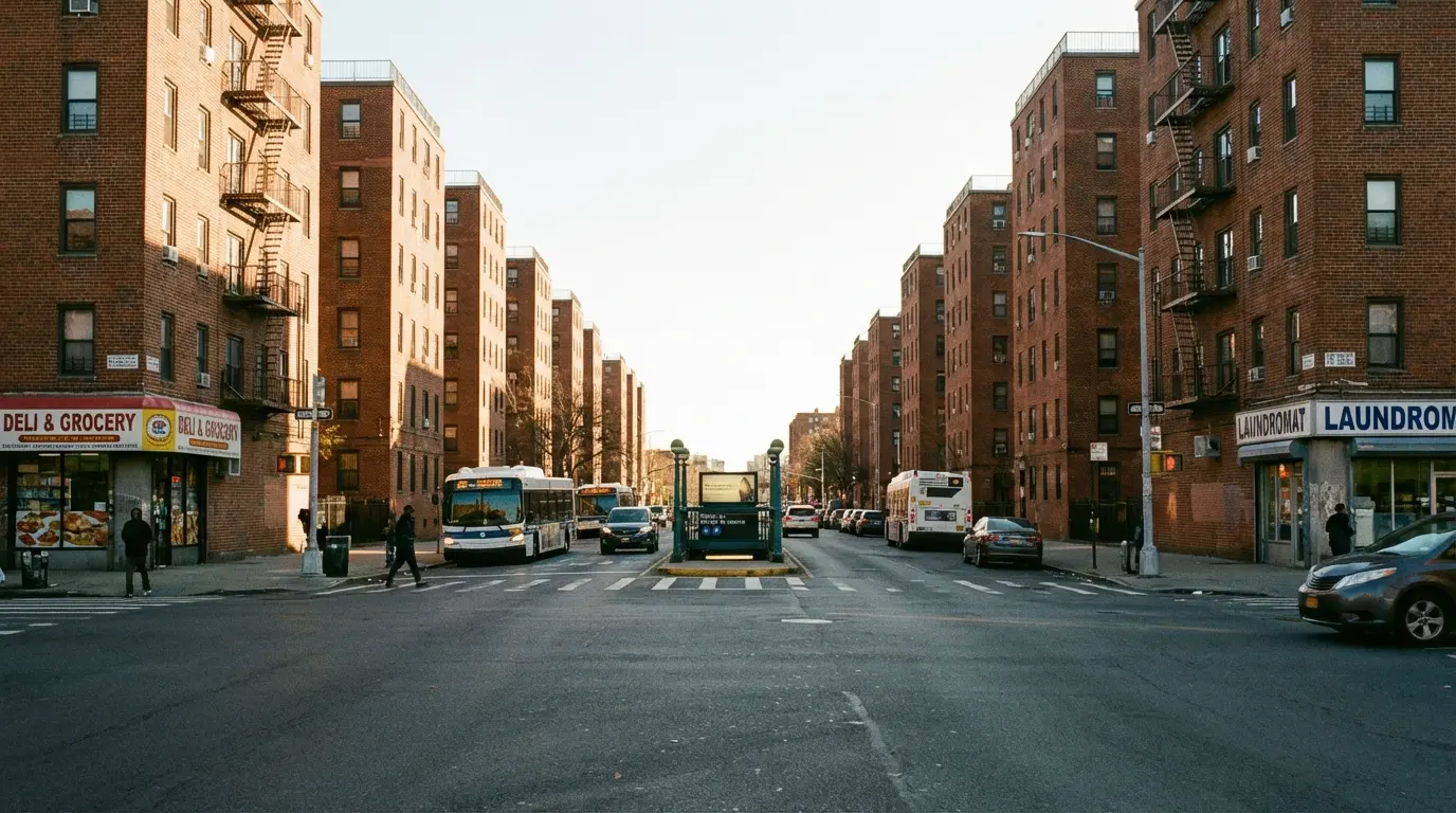 Wedding Photography Brownsville — Pitkin Ave street view with NYCHA blocks and transit entrance