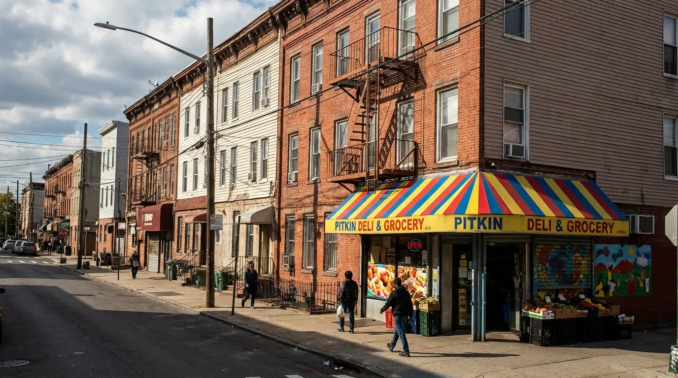 Wedding photography East New York Pitkin Avenue narrow residential block with awnings and deli