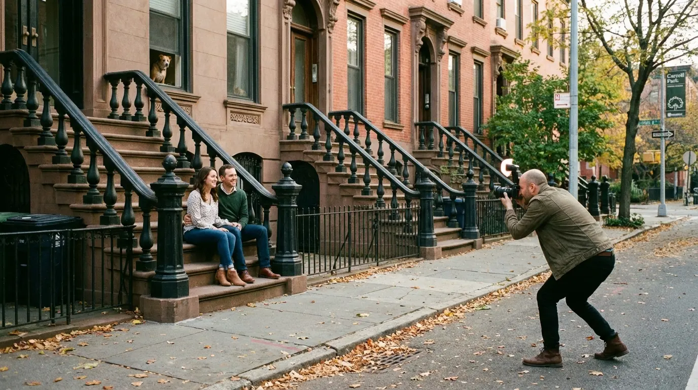 Wedding Photography Carroll Gardens: pre-wedding portrait session on low-traffic brownstone street near Carroll Park