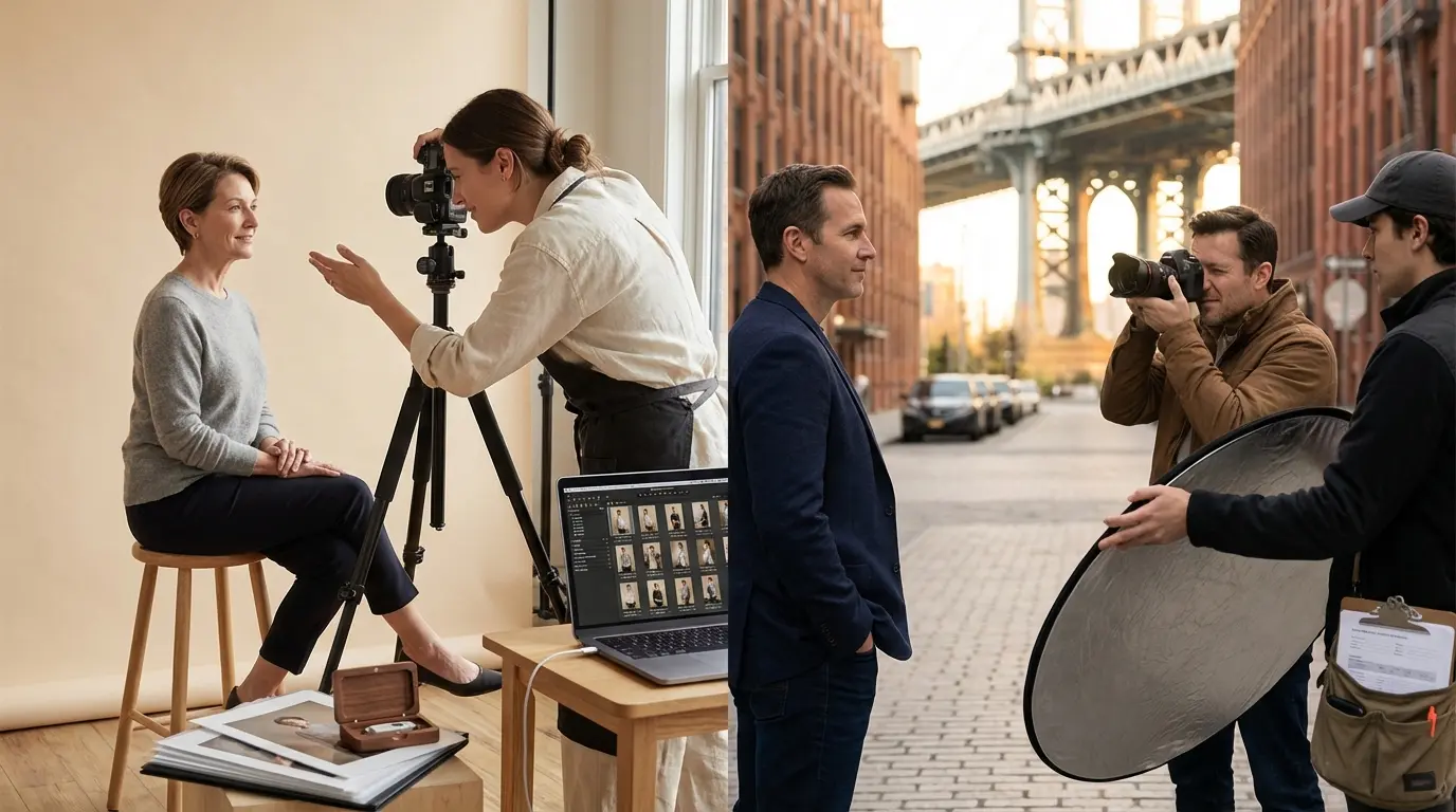 Portrait photography Brooklyn photographer directing client in studio with tethered laptop proofing and an on-location shoot near Manhattan Bridge with reflector
