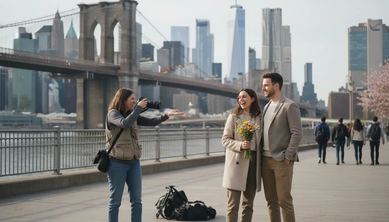 Event portrait session in Brooklyn Bridge Park showing photographer and couple with Brooklyn Bridge background