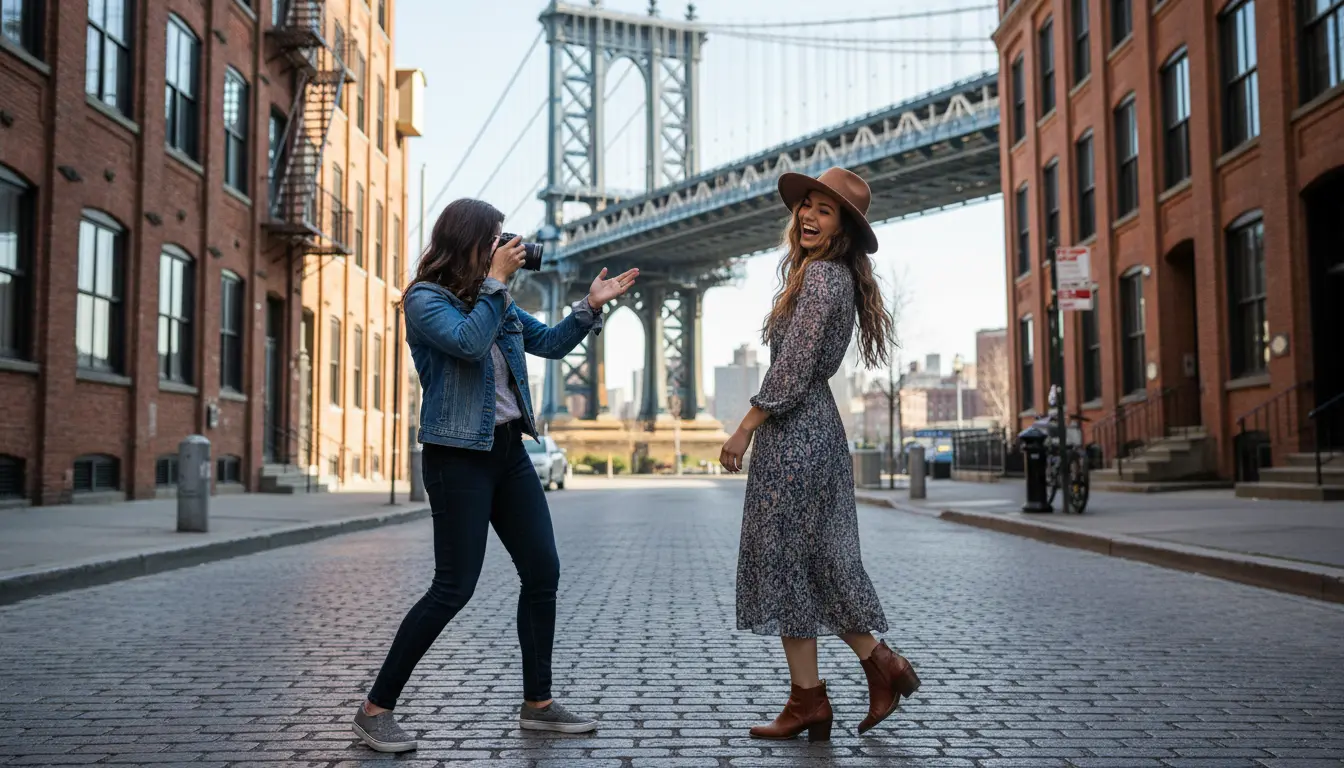 Portrait photography in DUMBO Brooklyn showing photographer directing subject with Manhattan Bridge visible