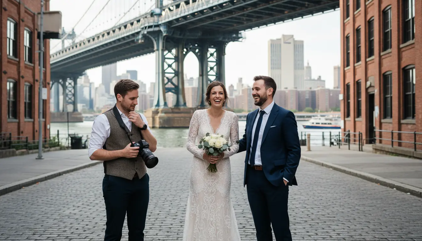 wedding photography and videography in DUMBO Brooklyn showing photographer framing couple under Manhattan Bridge