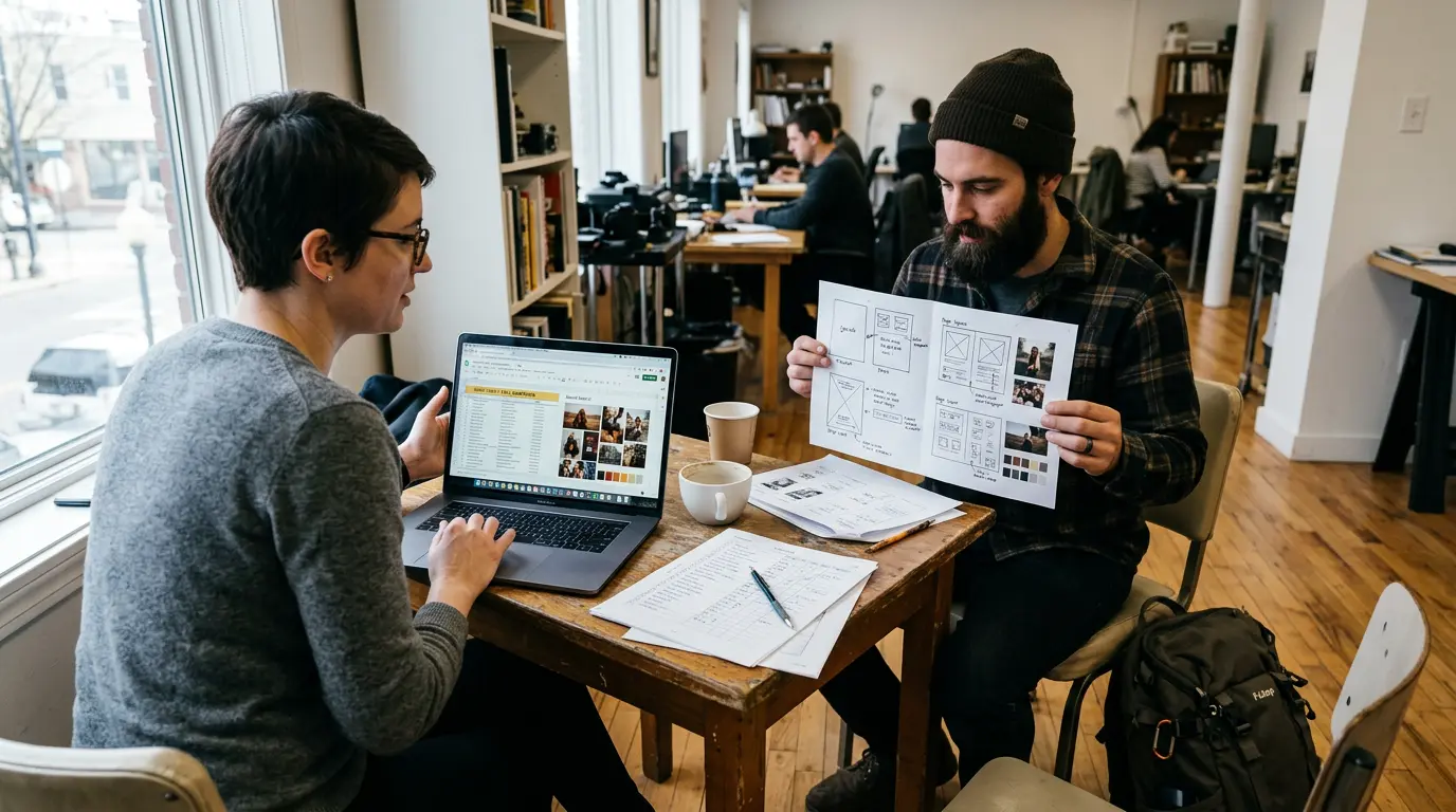 Commercial photography pre-production consultation with Brooklyn client reviewing shot list and mood board