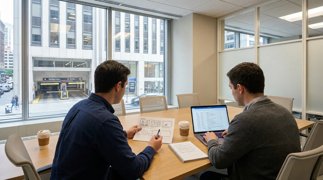 Commercial video pre-production consultation with storyboard and shot list in Downtown Brooklyn meeting room