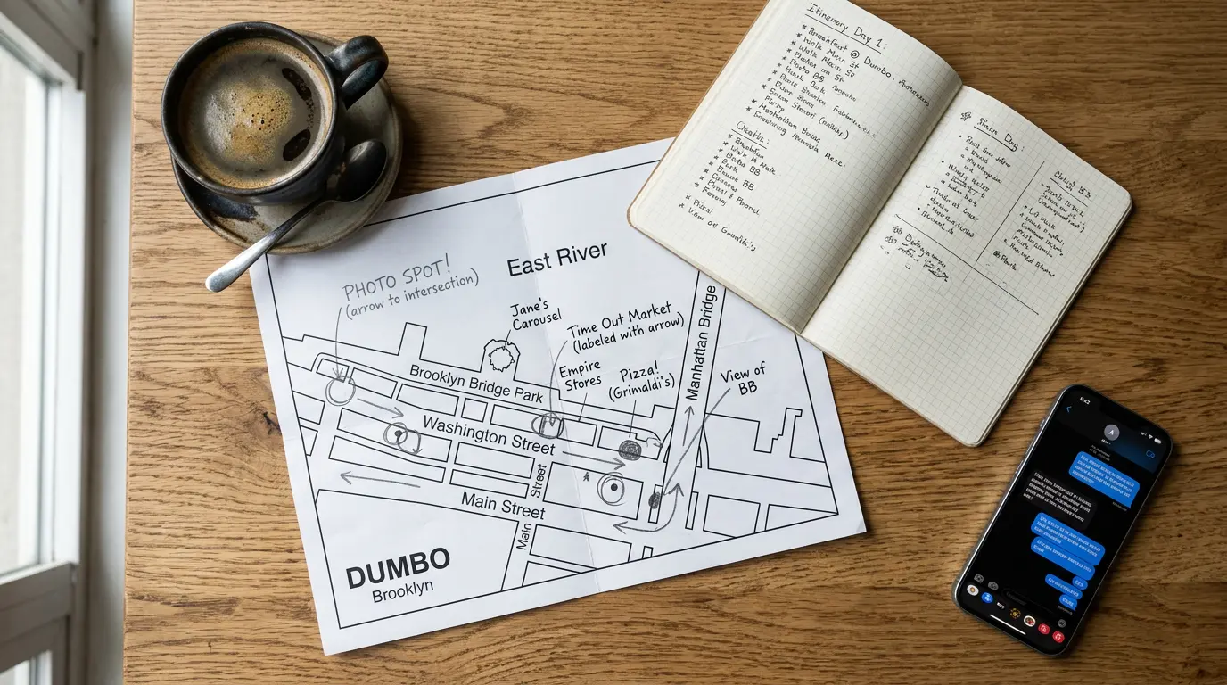 proposal photography pre-session planning materials with Brooklyn location map and coordination notes