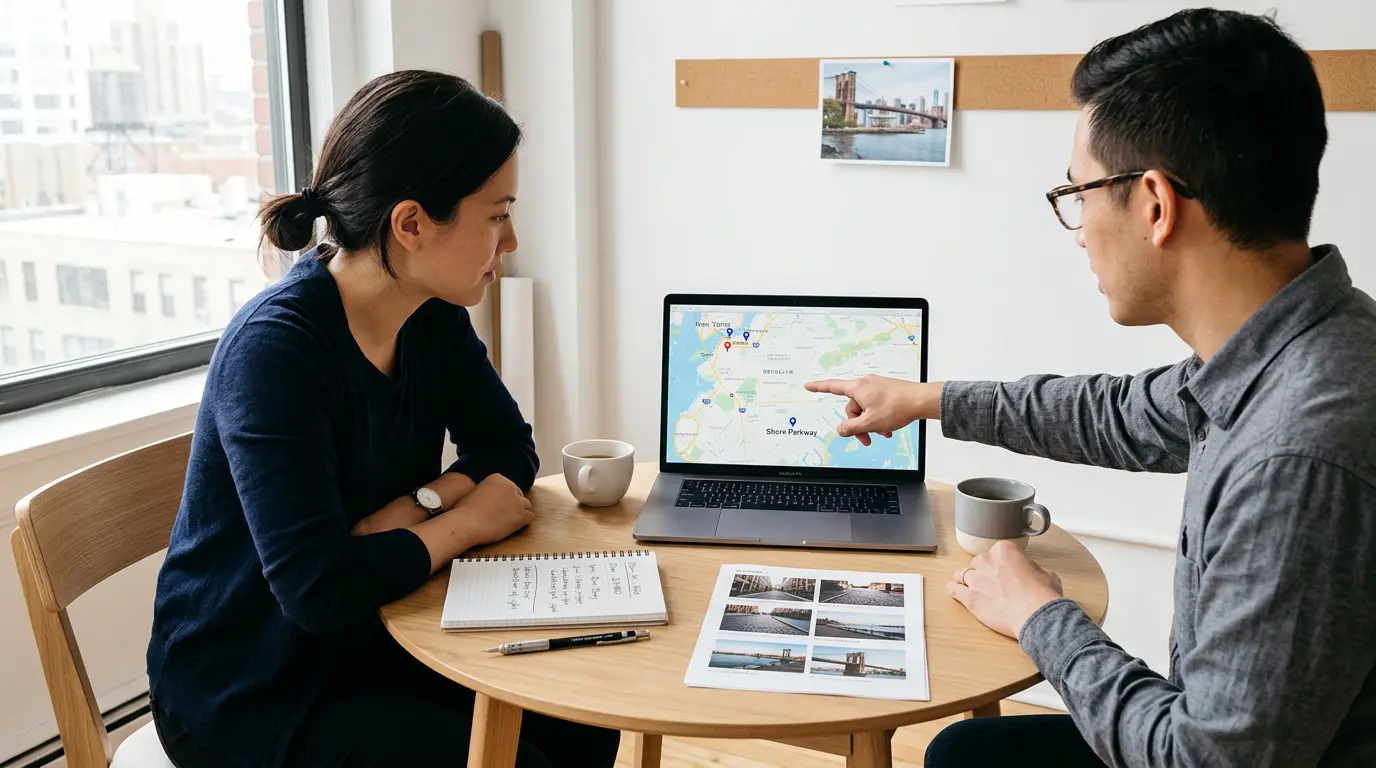 Pre-proposal photography planning consultation with Brooklyn location map printed scouting photos and session notes