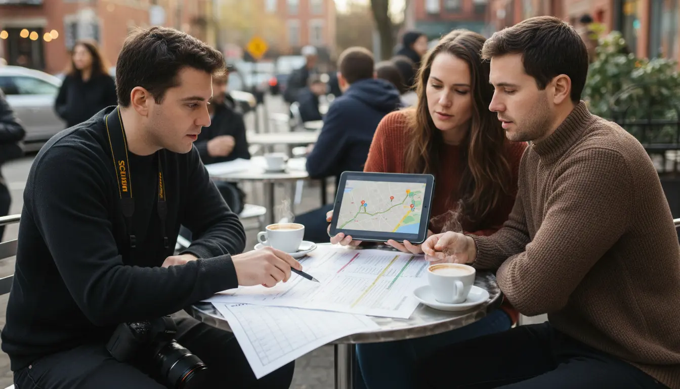 elopement photography Brooklyn photographer reviewing timeline and location map with couple