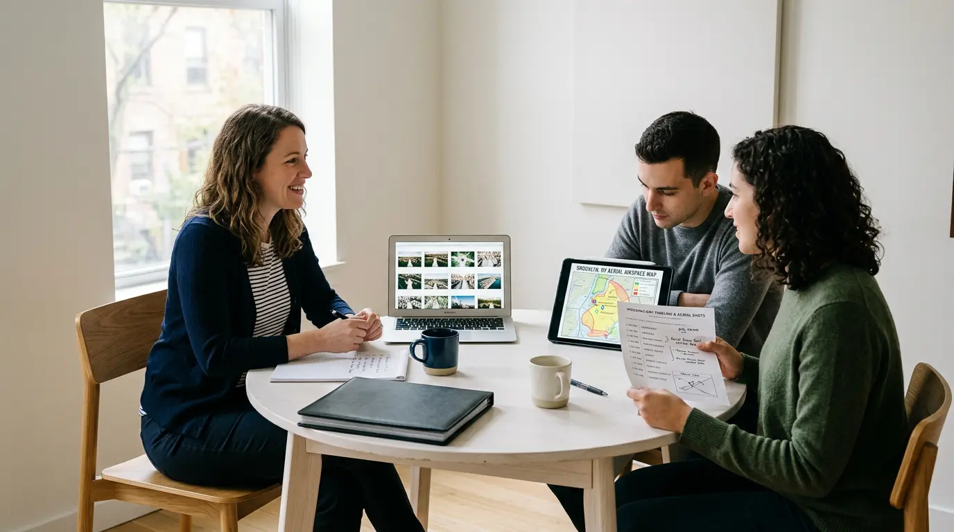 Wedding couple in pre-wedding aerial photography planning consultation reviewing Brooklyn airspace maps and packages