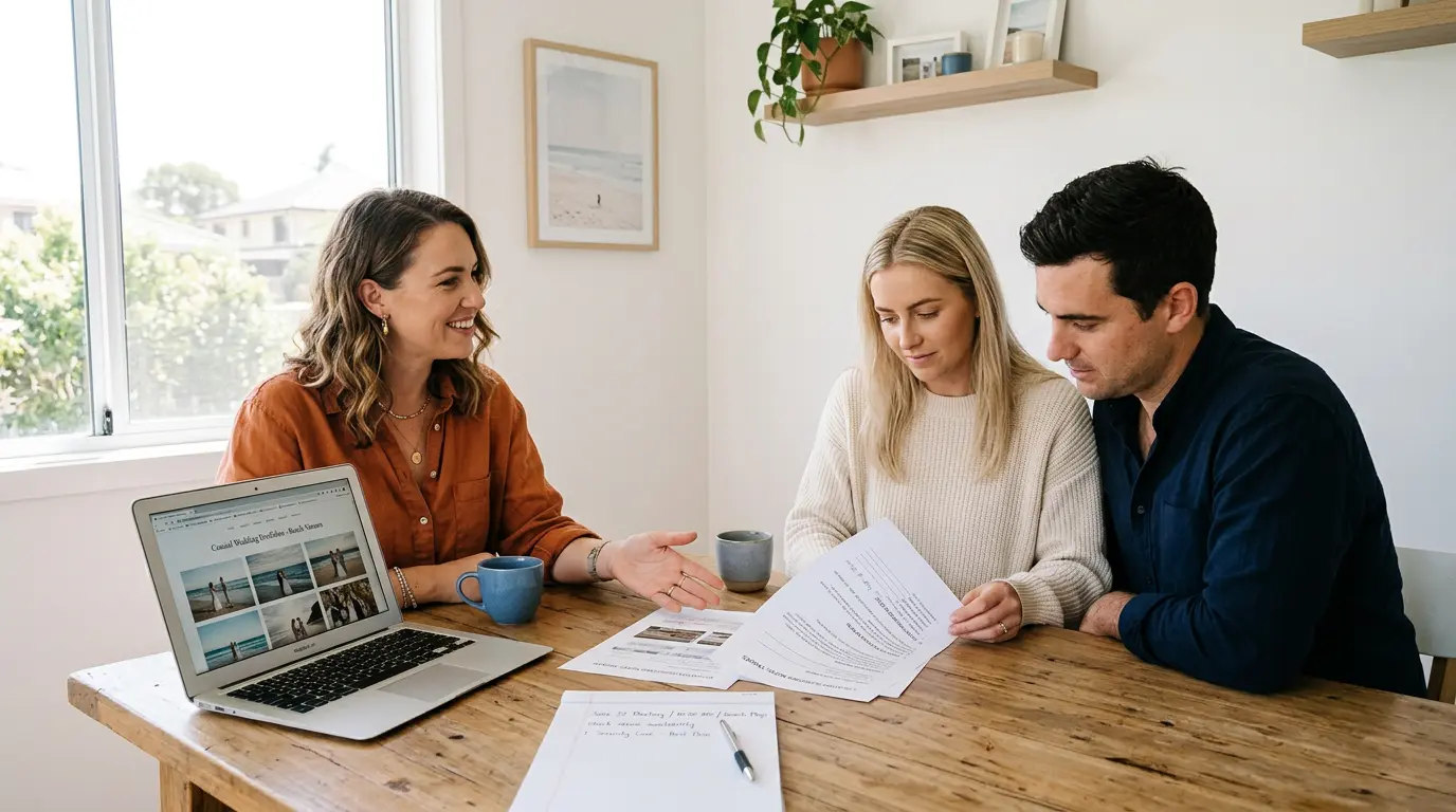 Beach wedding photography pre-wedding consultation between Brooklyn photographer and couple reviewing location planning documents and beach venue options