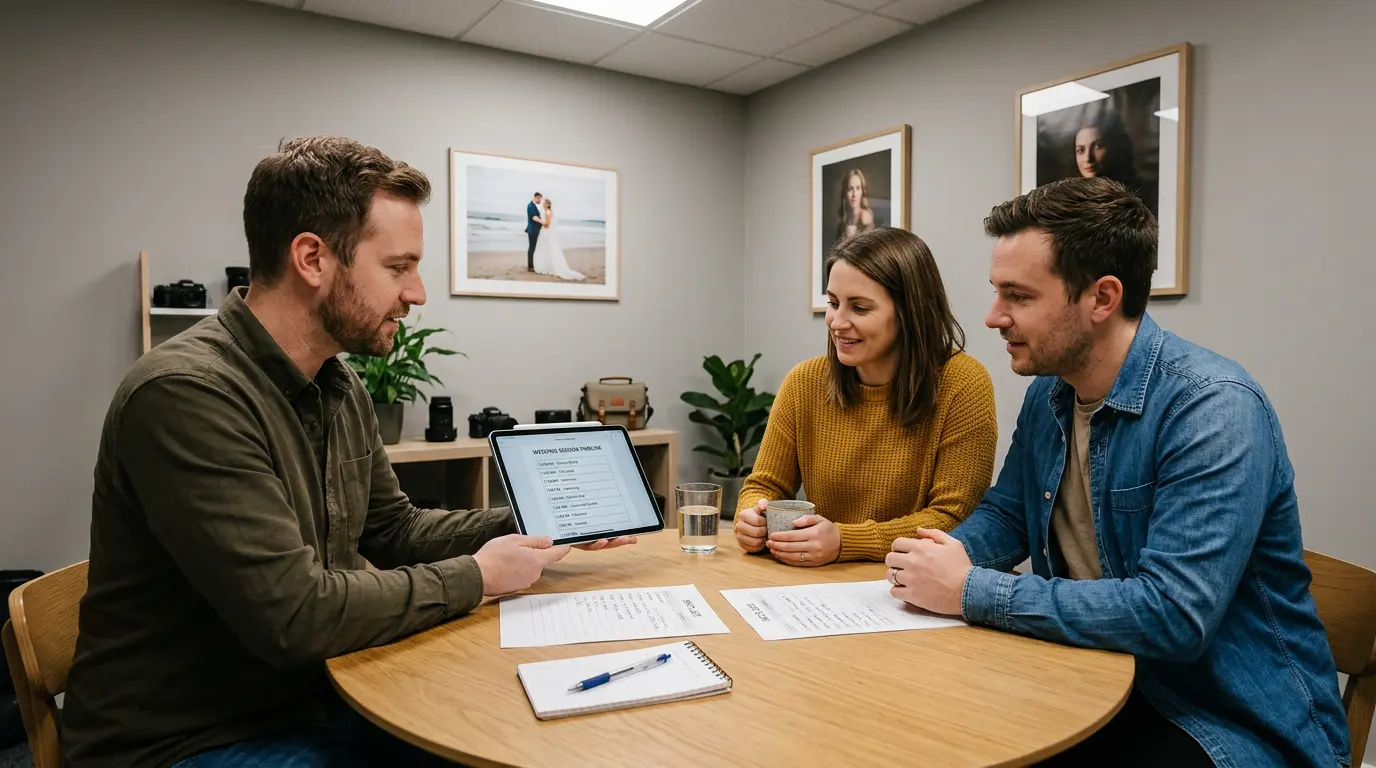Pre-wedding bridal photography consultation with couple reviewing session timeline in Brooklyn studio