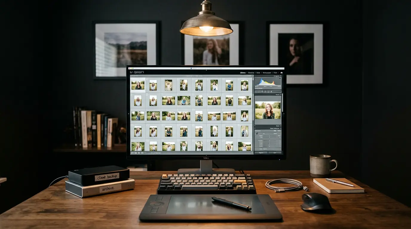 Pre wedding photo editing workflow and backup storage setup at Brooklyn photography studio desk with labeled external hard drives