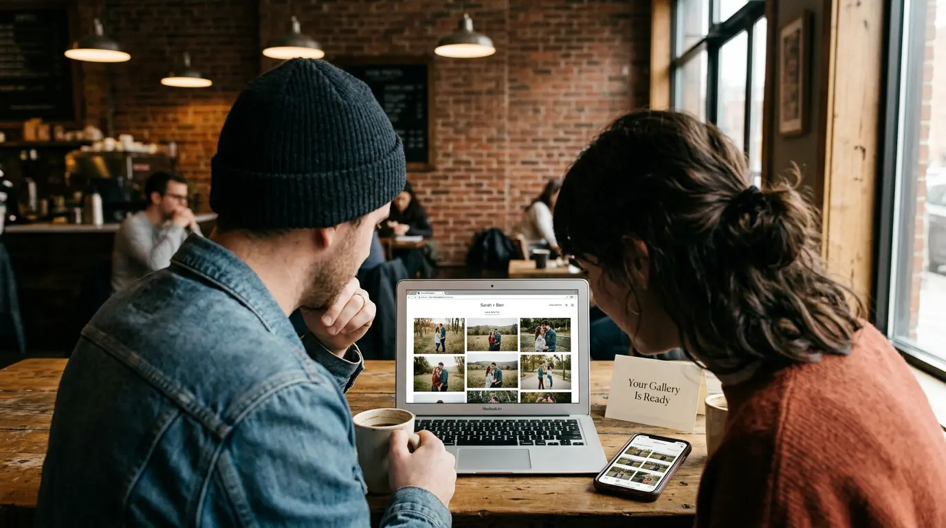 Pre wedding photo gallery delivery reviewed on laptop and mobile in Brooklyn caf\u00e9 showing online gallery interface with portrait thumbnail grid