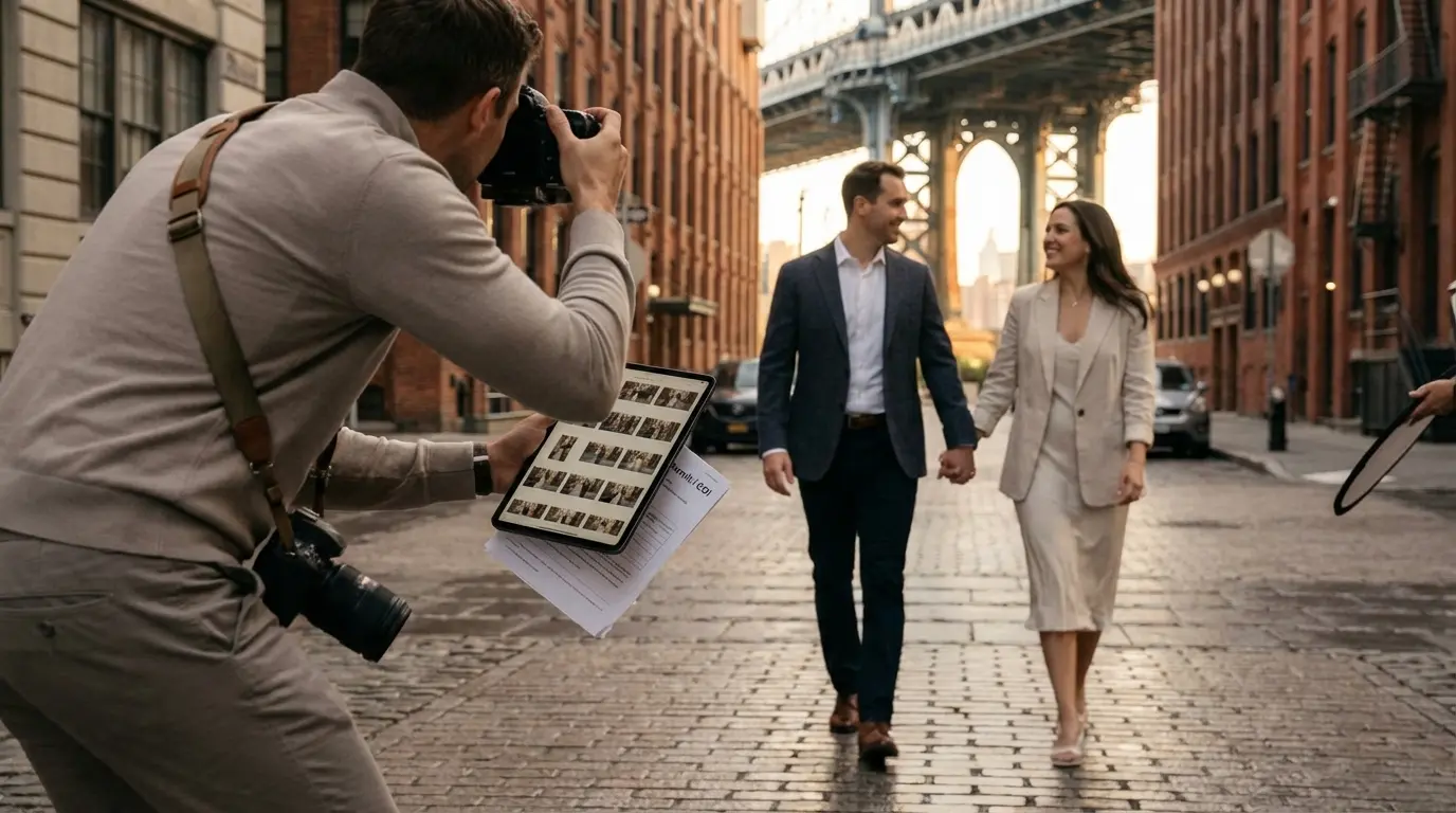 Pre-wedding photoshoot Brooklyn couple walking on DUMBO cobblestones with Manhattan Bridge visible, photographer directing with camera