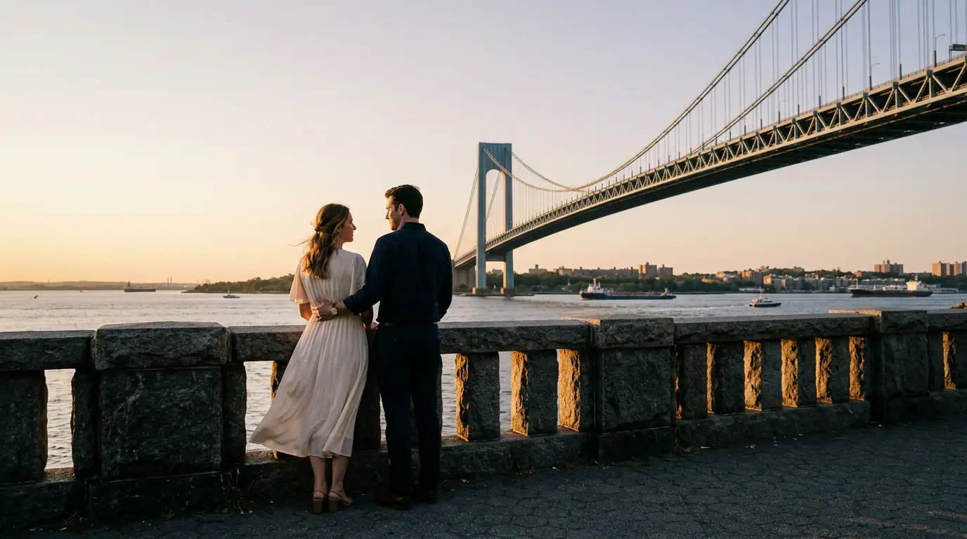 Engaged couple during pre wedding photoshoot at Shore Road Park in Bay Ridge Brooklyn with Verrazzano-Narrows Bridge at golden hour