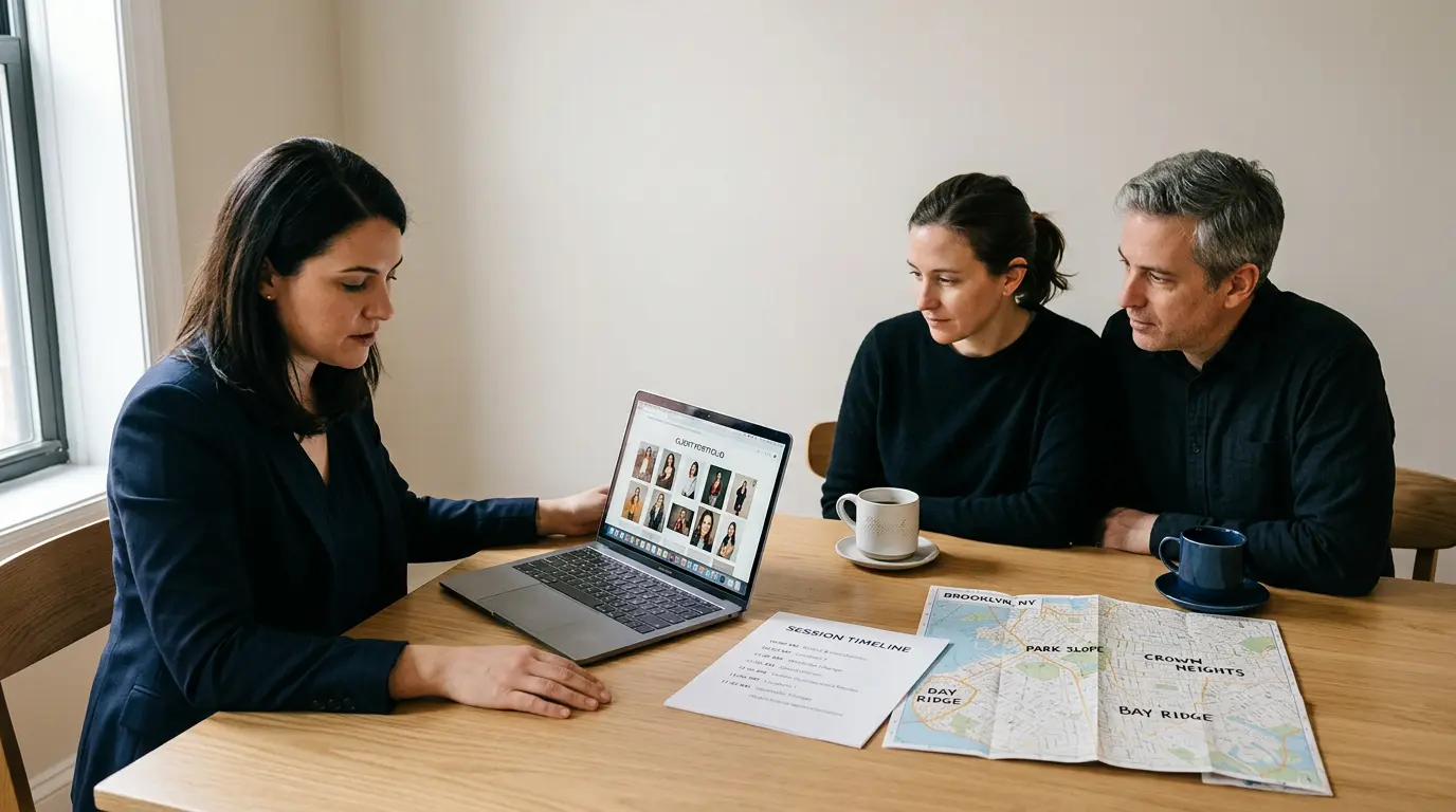 Pre wedding photoshoot planning consultation with Brooklyn photographer reviewing session timeline document and neighborhood location map at table