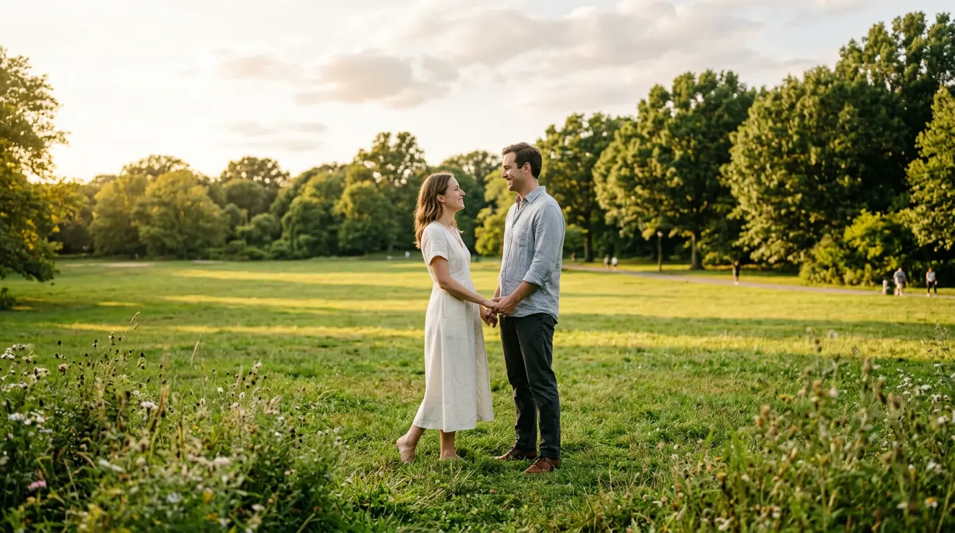 Pre wedding photoshoot couple standing in Prospect Park Long Meadow, Park Slope Brooklyn during late afternoon light