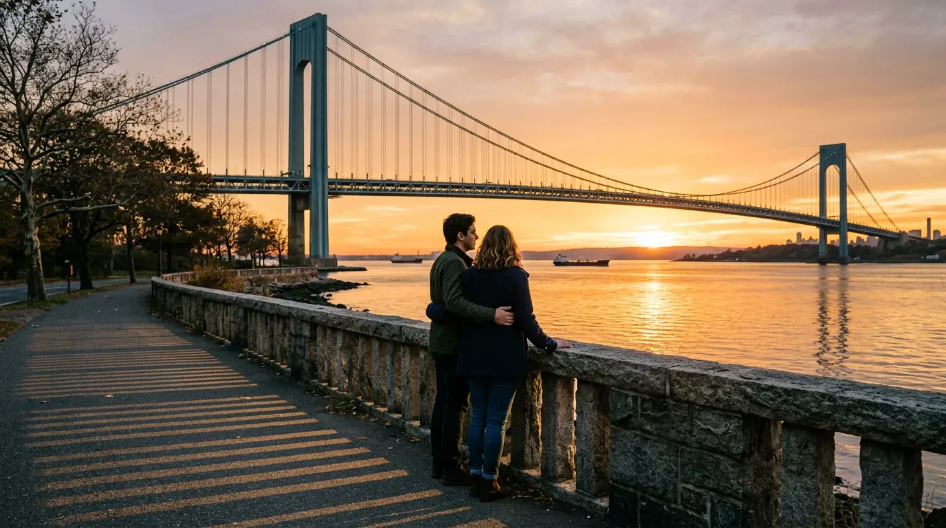 Pre wedding photoshoot at Shore Road Park waterfront in Bay Ridge Brooklyn with Verrazzano-Narrows Bridge backdrop at late afternoon golden hour