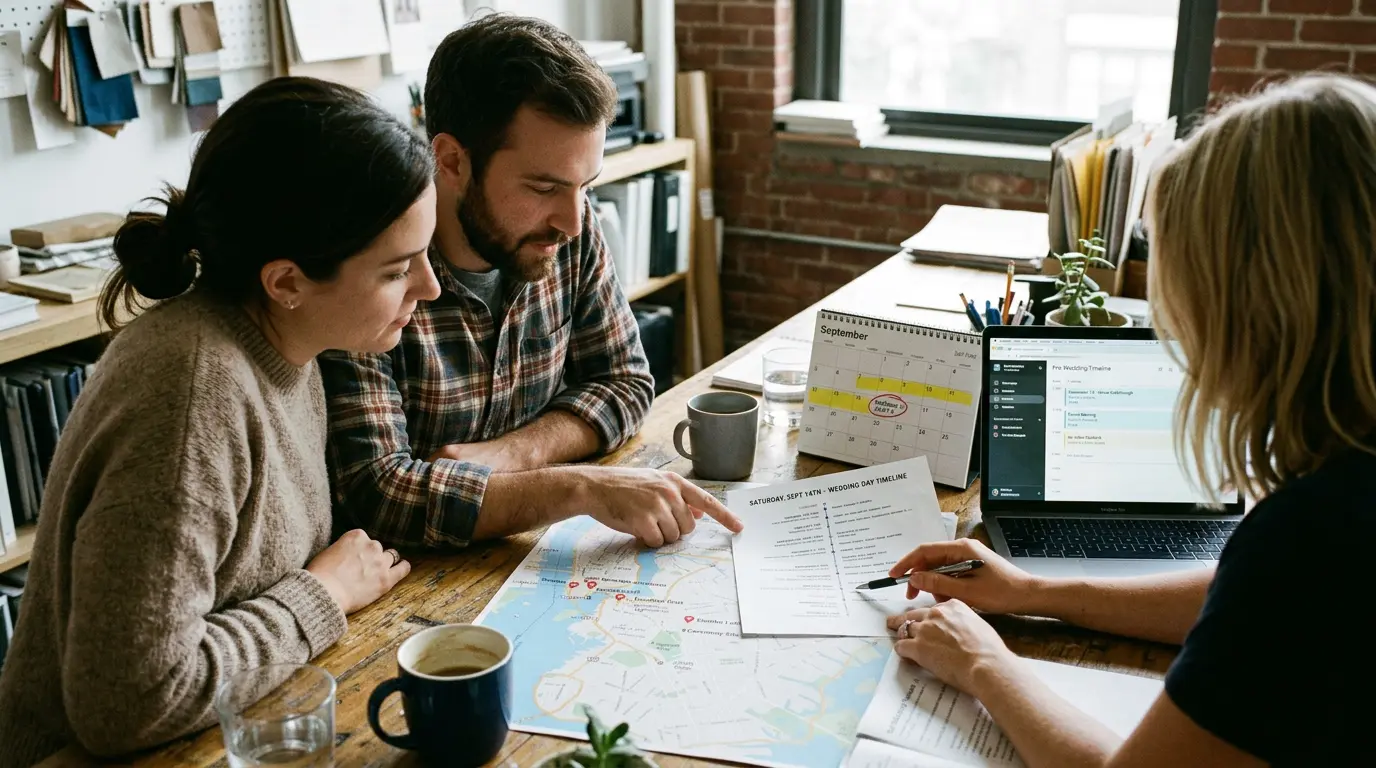 Pre-wedding planning consultation with timeline and Brooklyn map for wedding videography
