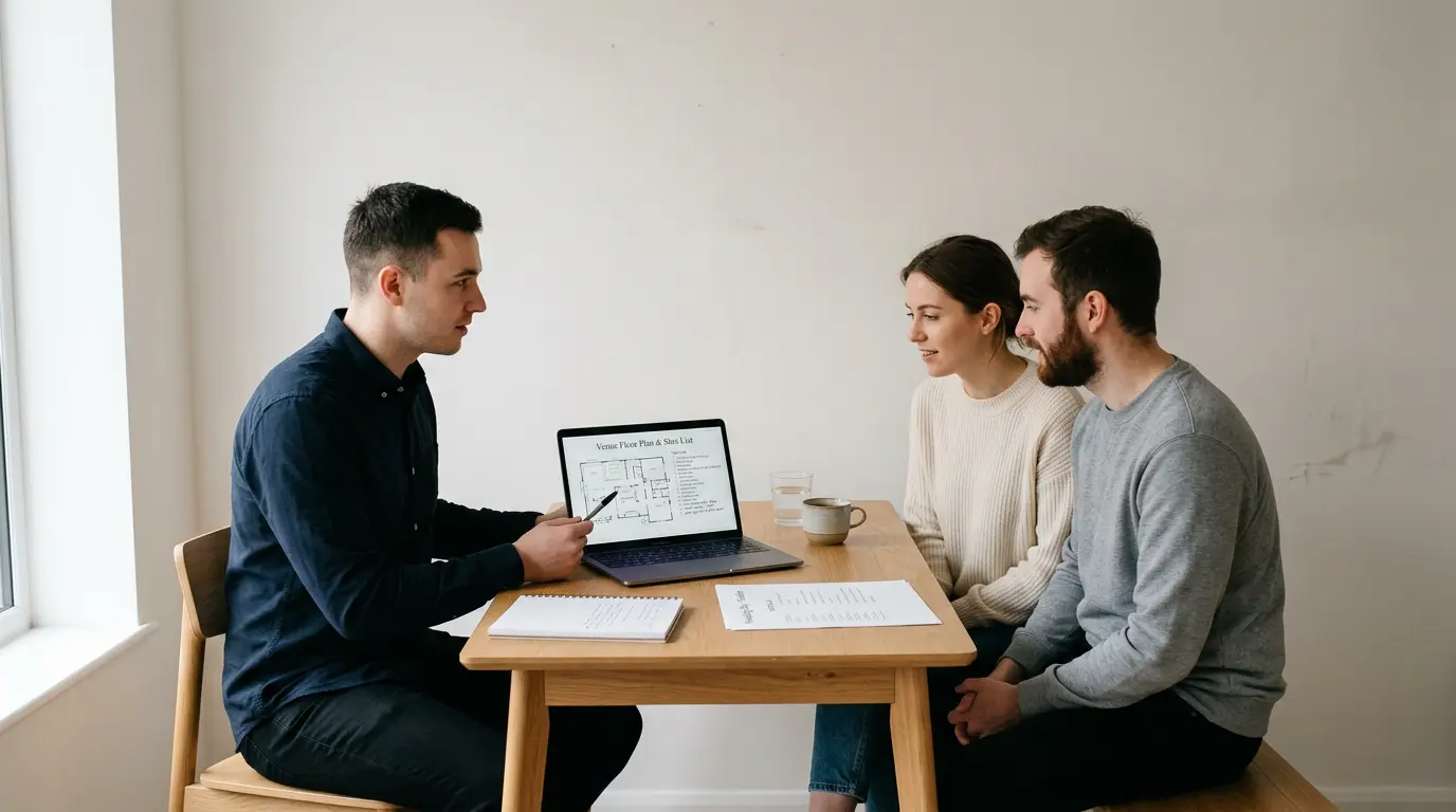 Wedding rehearsal photography planning consultation with Brooklyn couple reviewing shot list