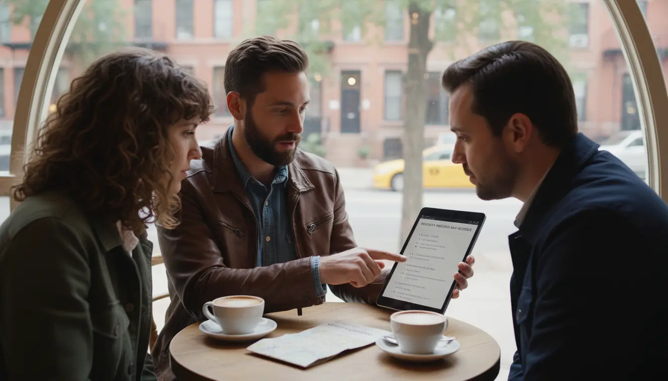 Cinematic wedding videography Brooklyn - videographer reviewing wedding timeline with couple in Brooklyn cafe