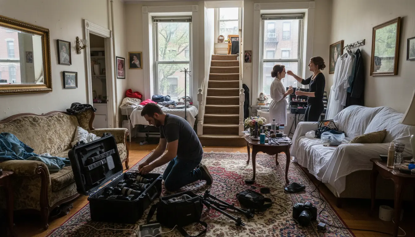 Wedding photography Sheepshead Bay preparations setup inside south-grid apartment showing equipment and stair access
