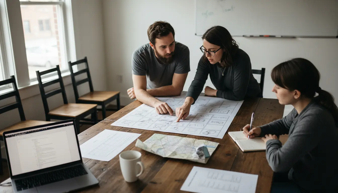 Commercial video production Brooklyn - pre-production meeting with storyboard, shot list and script on table