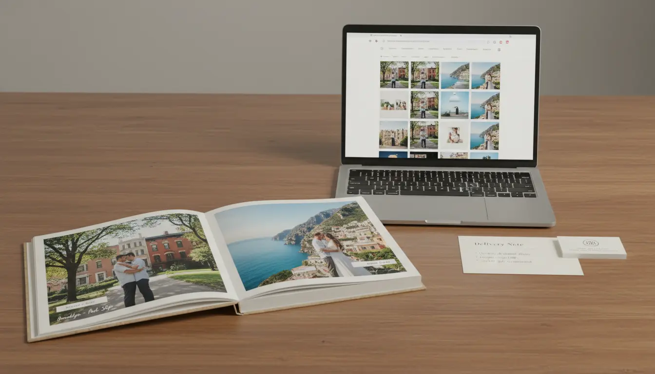 destination wedding photography Brooklyn printed album and online gallery preview on laptop