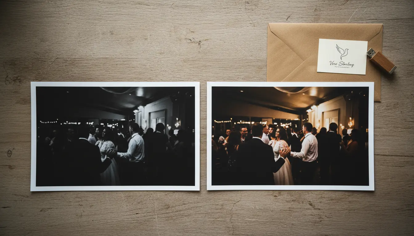 Final edited wedding photo and unedited print comparison, Brooklyn color correction service