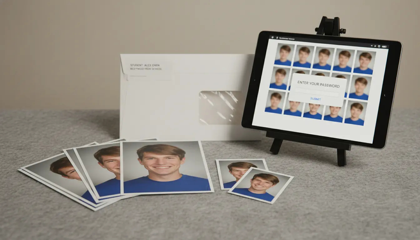 School portraits Brooklyn showing printed portrait packages and tablet with private gallery