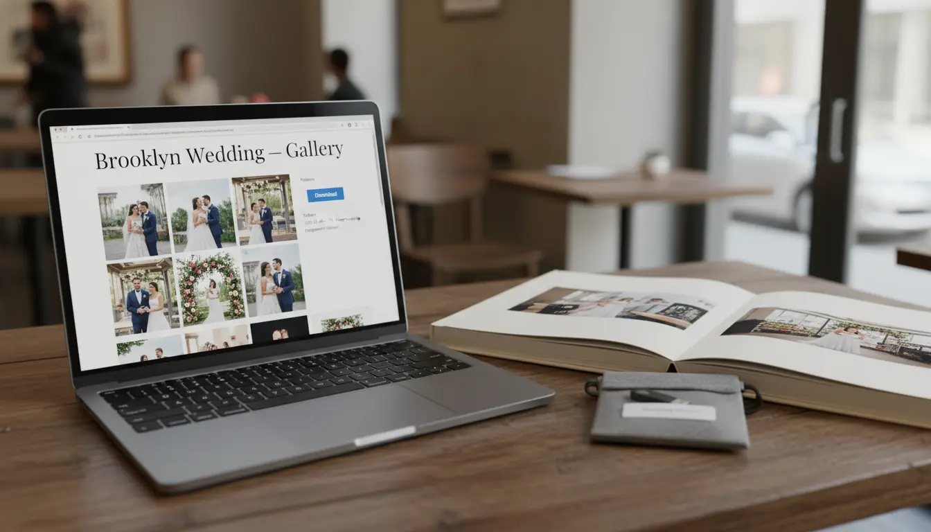Wedding photo delivery in Brooklyn showing private online gallery and physical album