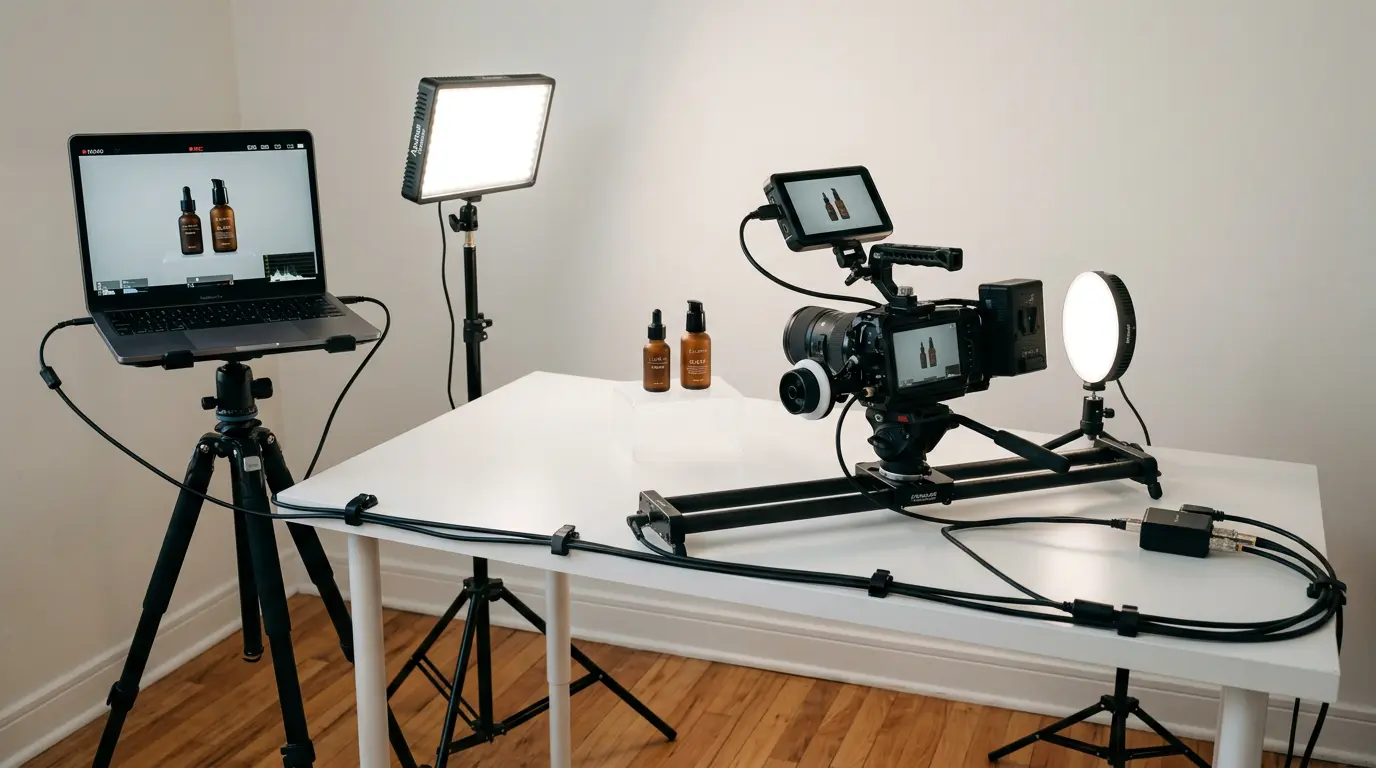 Product video filming setup with cinema camera slider and LED lighting in Brooklyn studio