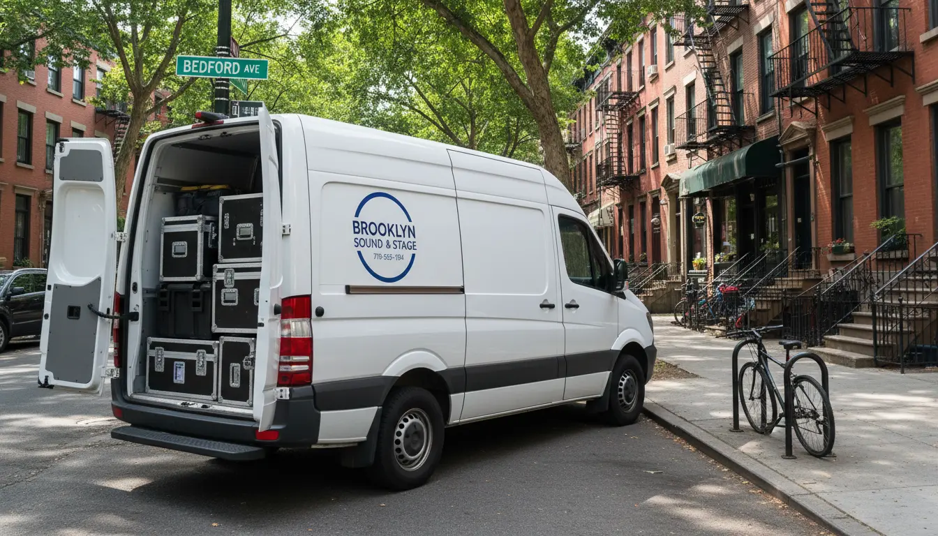 Commercial video production Brooklyn - production van parked in Williamsburg with road cases visible