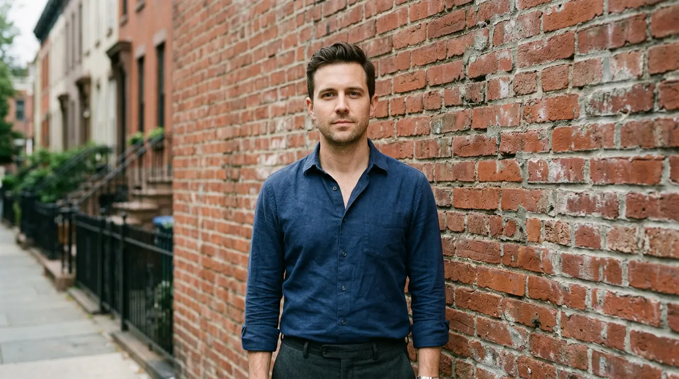 Professional headshot portrait session Clinton Hill Brooklyn brick backdrop