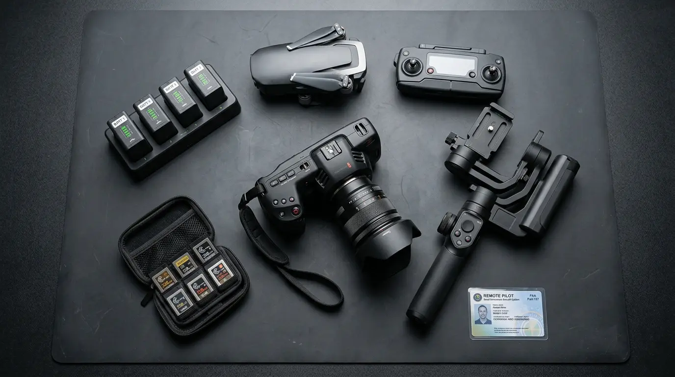 Real estate videography and drone equipment laid out for Brooklyn property listing shoots including FAA certification