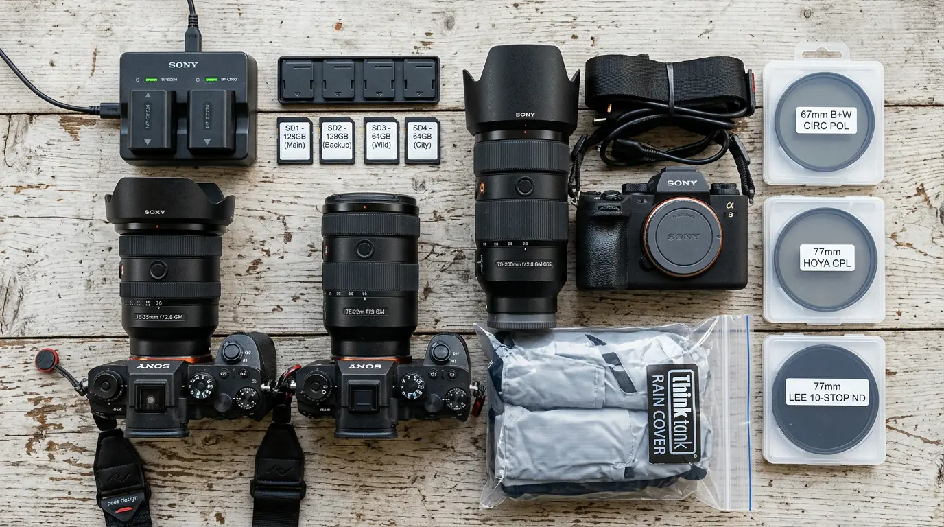 Professional weather-sealed camera bodies, backup gear, rain covers, lens filters, and redundant memory cards prepared for a Brooklyn beach wedding photography session