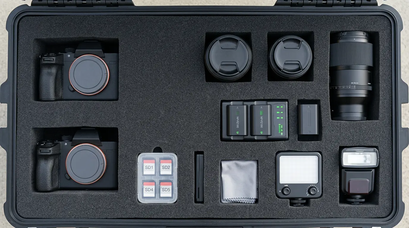 Professional wedding photography backup camera bodies lenses and memory cards organized in case Brooklyn photographer