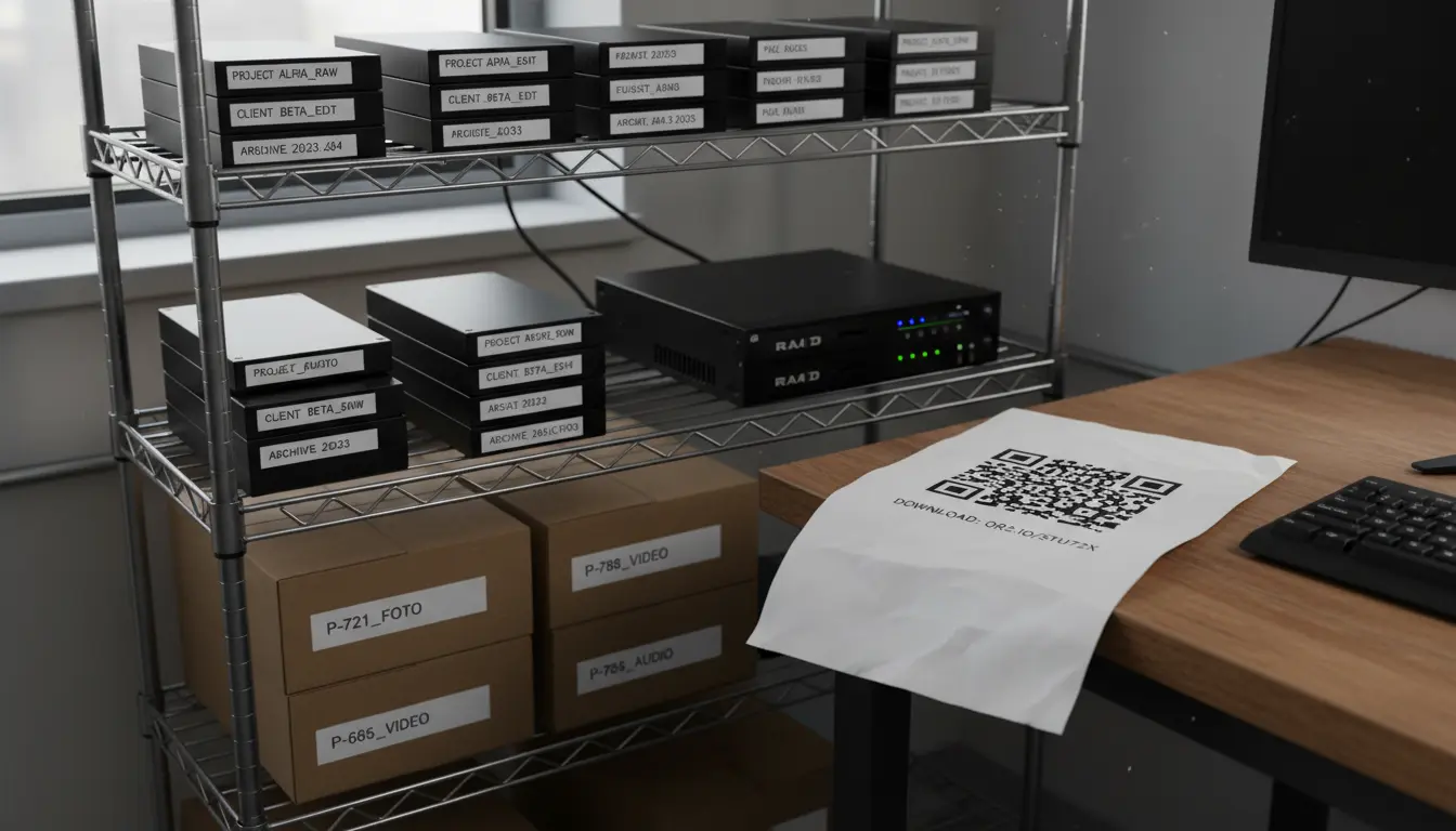 Video editing project backup drives in Brooklyn showing labeled drives and delivery QR code