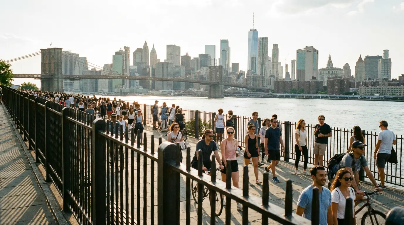 Wedding photography Brooklyn Heights: view from Brooklyn Heights Promenade showing promenade balustrade, pedestrian walkway, and Manhattan skyline.