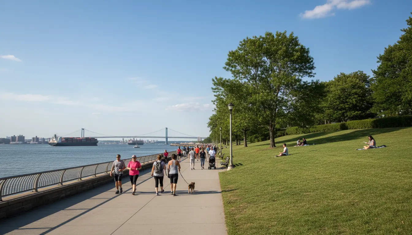 Wedding Photography Bay Ridge — Shore Road promenade with nearby quiet sloped lawn showing contrast in crowding and privacy.