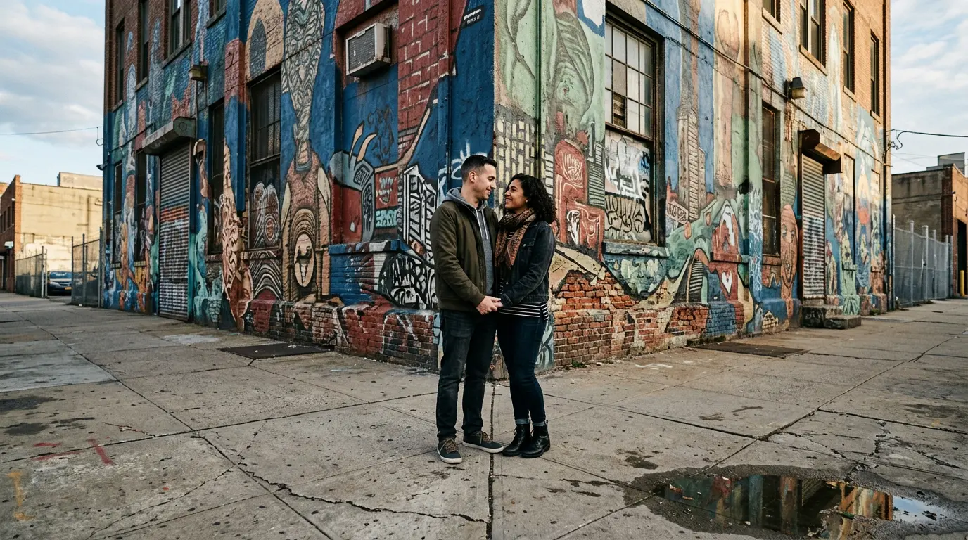 proposal photography at Gowanus industrial mural wall Brooklyn alternative location