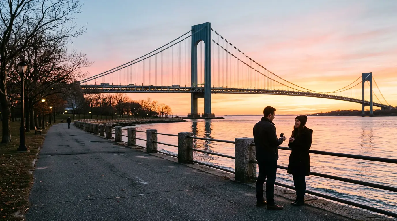 Proposal photography at Shore Parkway waterfront Gravesend Brooklyn with Verrazzano-Narrows Bridge at sunset