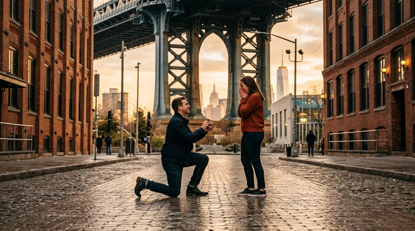 surprise proposal photography on Washington Street in DUMBO Brooklyn with Manhattan Bridge in background