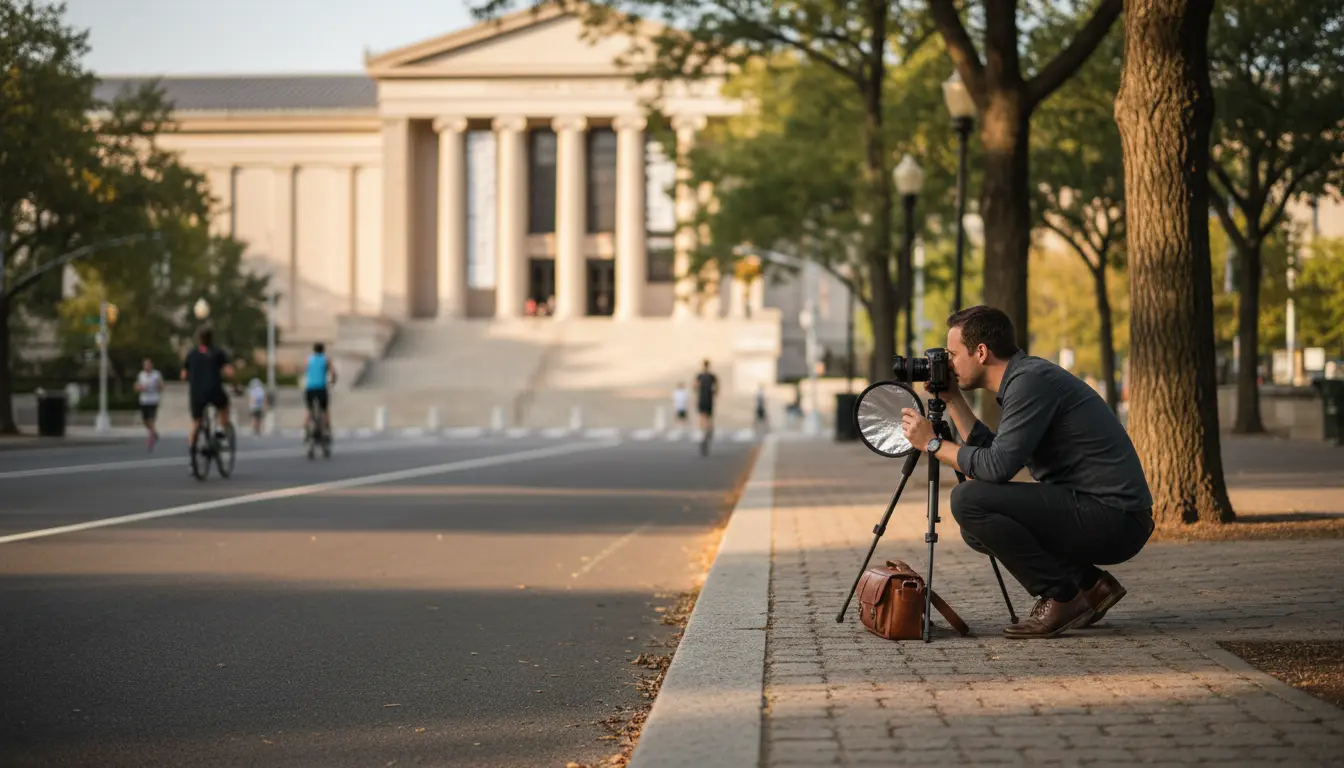Wedding photographer in Prospect Heights, Brooklyn, shooting on Eastern Parkway median with camera on a low tripod and Brooklyn Museum facade in the background