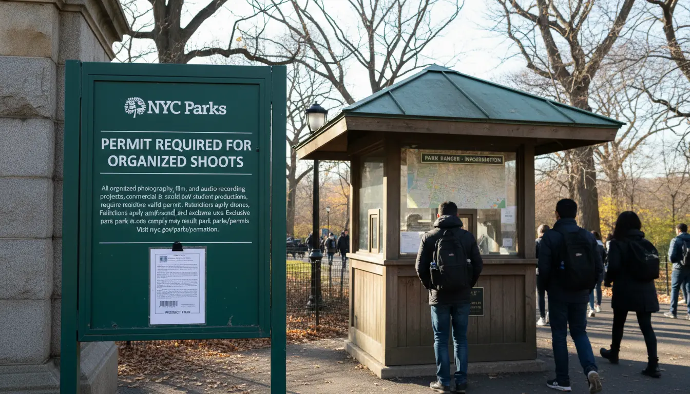 Wedding Photography Park Slope — Prospect Park entrance showing NYC Parks permit notice and ranger kiosk
