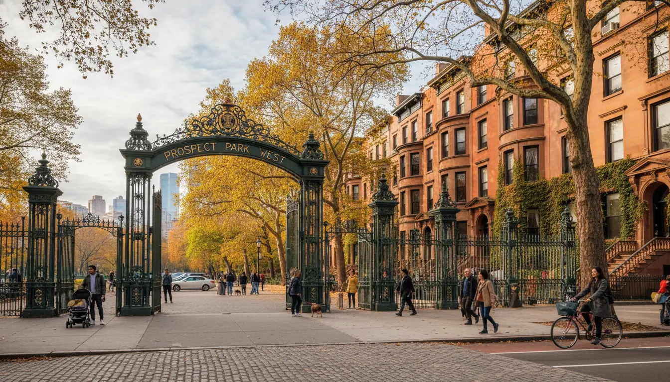 Wedding Photography Park Slope — Prospect Park West entrance with adjacent brownstones