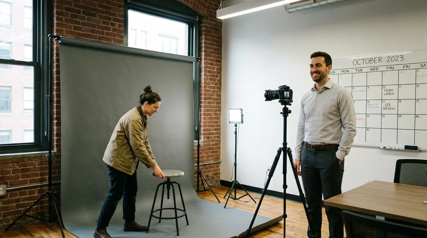 Corporate headshot setup in Brooklyn conference room showing photographer, camera, backdrop, and subject