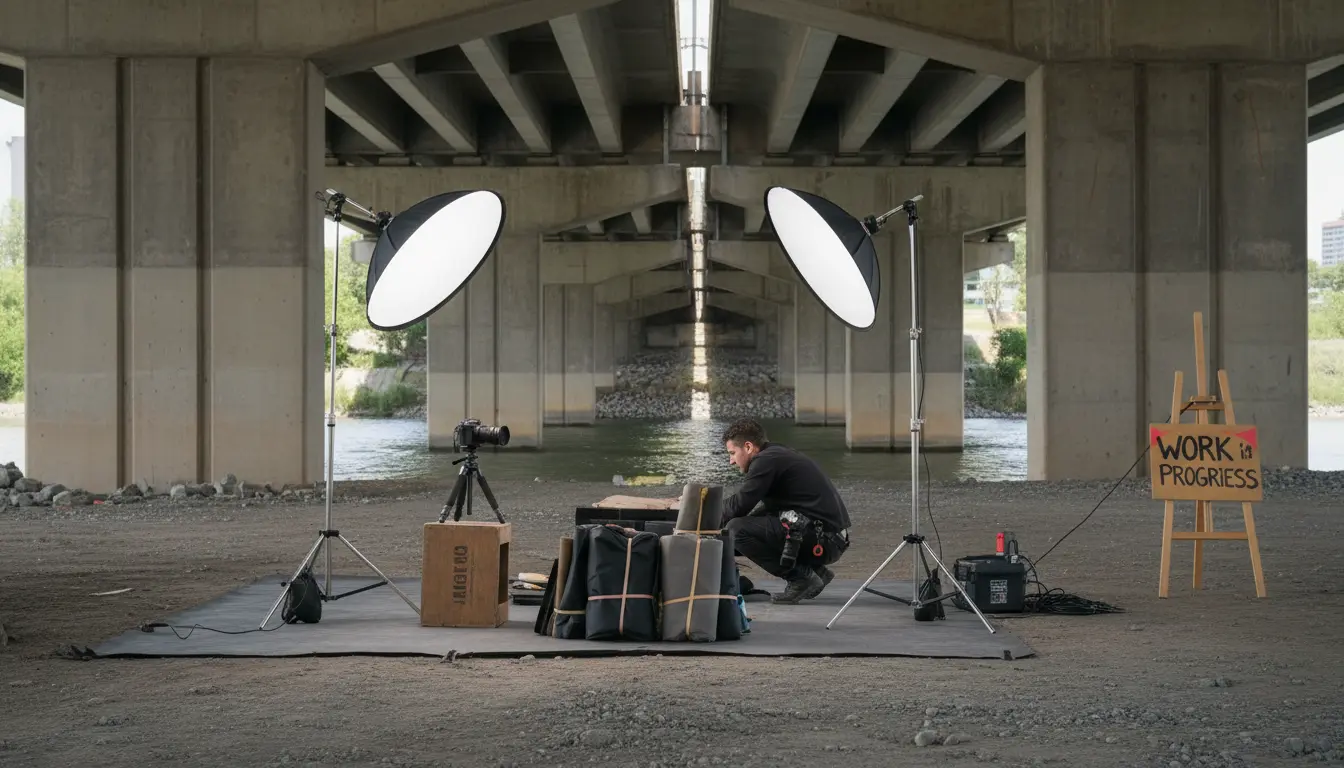 Wedding Photography Williamsburg — photographer setting a compact reflector and light stand under the Williamsburg Bridge during a quick setup
